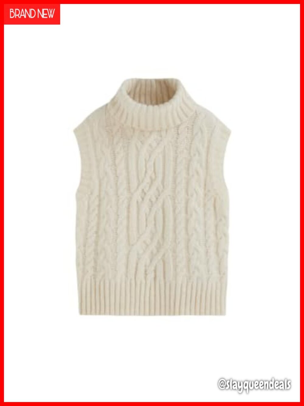 Oversized Turtleneck Cable Knit Sweater Vest Wool Blend Loose Fit